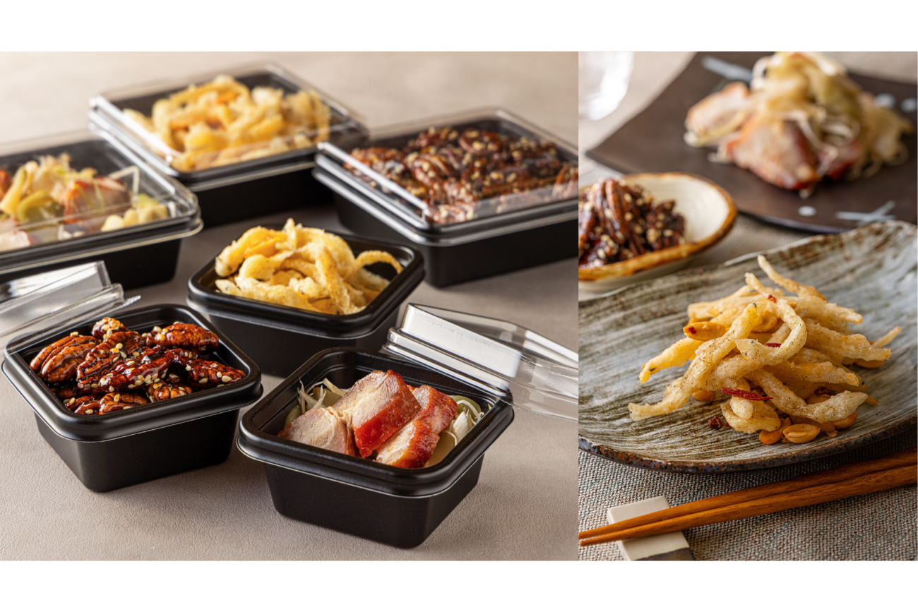 中国料理「彩龍」監修のテイクアウト惣菜「白魚とピーナッツのスパイシー炒め」「ペーカンナッツのあめだき」「叉焼と搾菜」の盛り付けイメージ